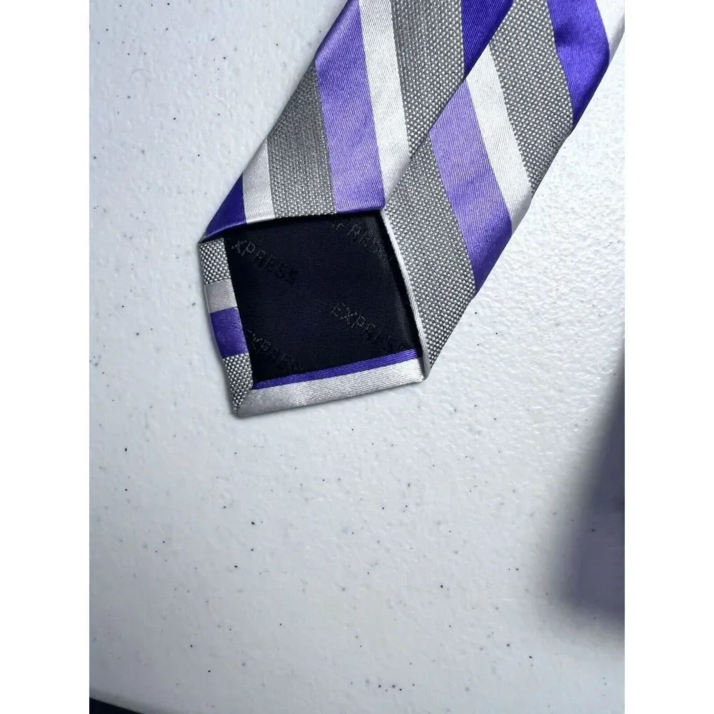 Express Grey Purple‎ Striped Silk Skinny Tie NWT